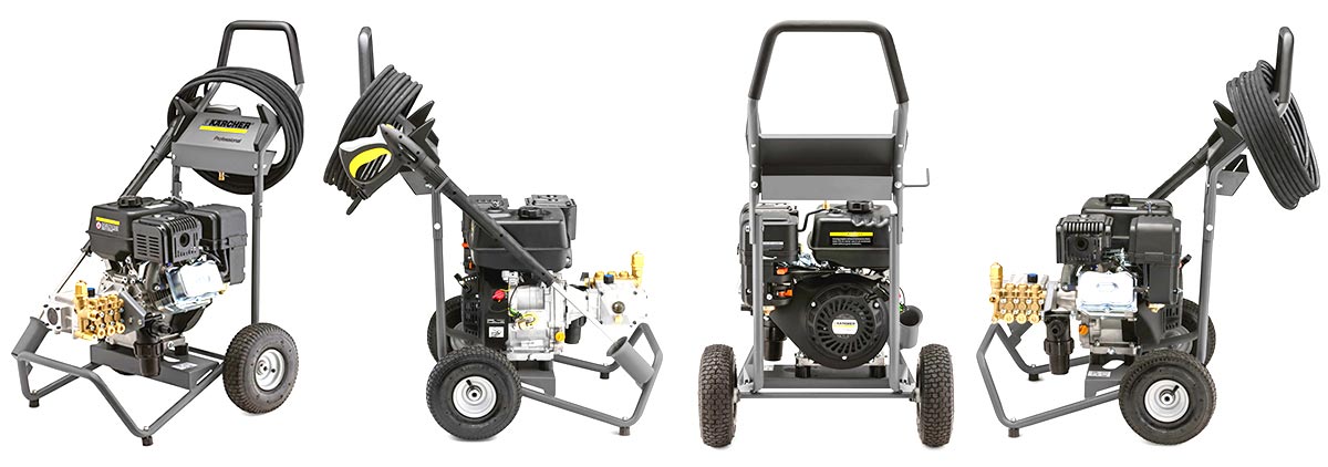 Prezentacja w czterech ujęciach profesjonalnej myjki wysokociśnieniowej HD7/20 G Classic firmy Karcher z silnikiem spalinowym.